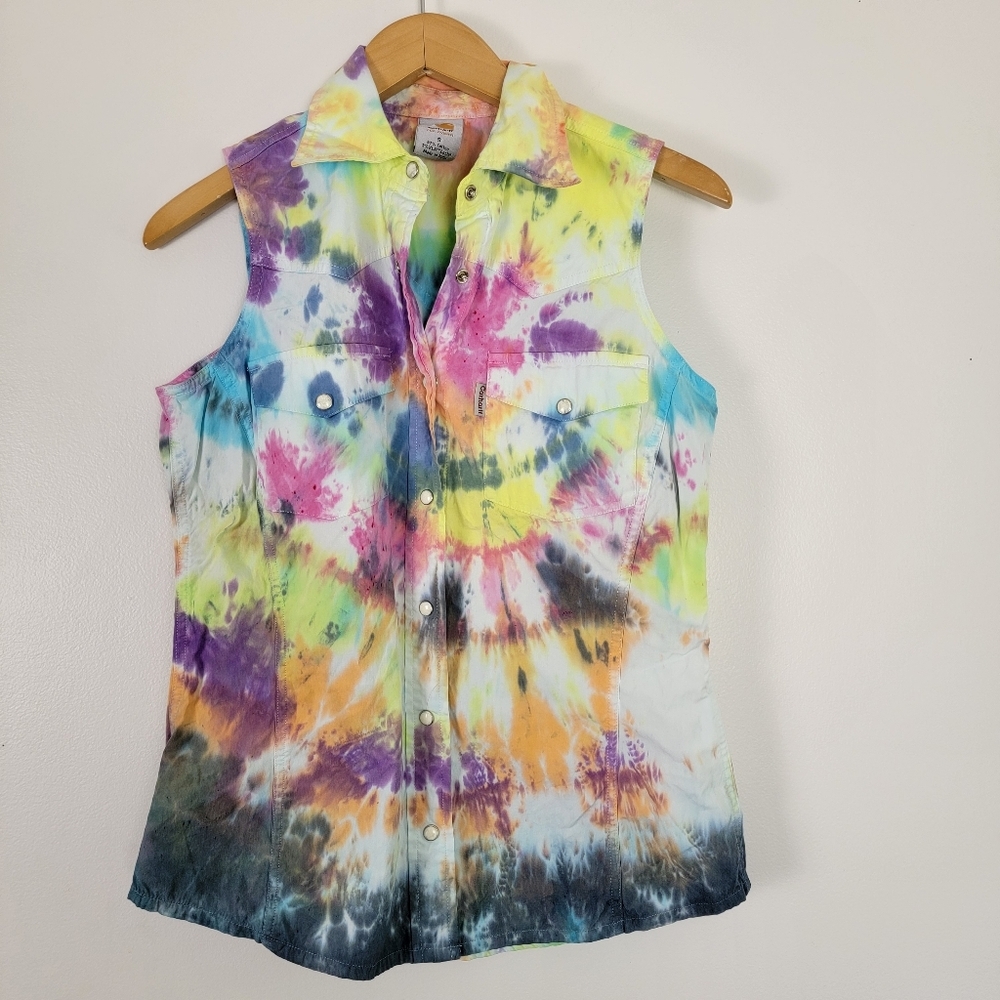 Carhartt Sleeveless Tye Dye Top Cotton Snap Front Western 2009 Fitted Structure